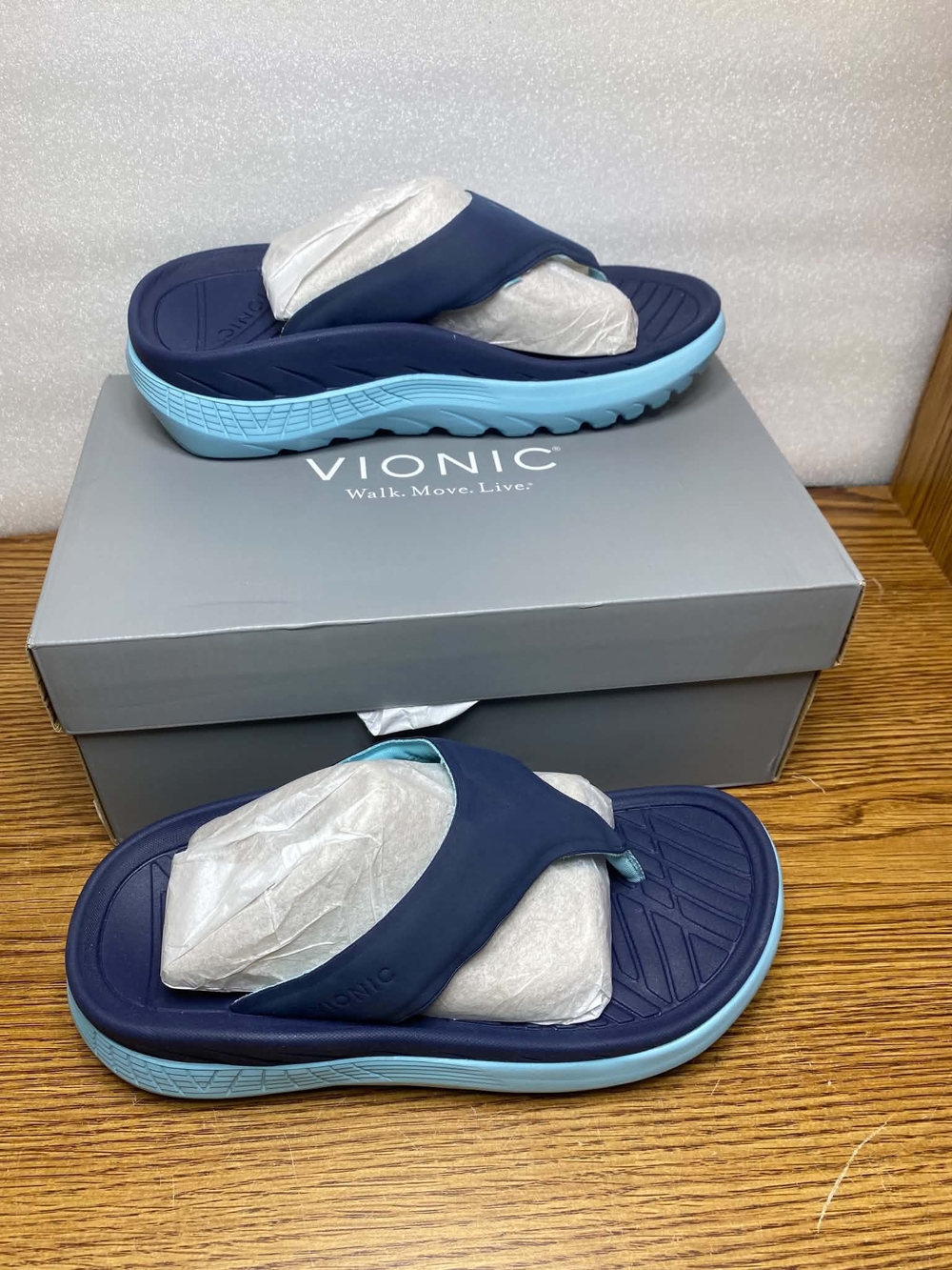 Vionic Thong Wedge Sandals Unisex Mens 7 Women's 9 Restore Navy Slip On Comfort